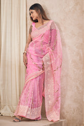 Neon Pink Pure Organza Embroidery Work Saree